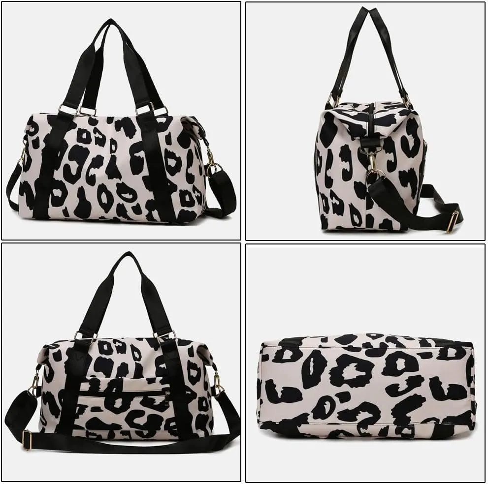 Large Leopard Print Tote Duffle Bag Traveling Gym Bags for Women with Wet Pocket, Carry on Overnight Workout Bag (ORIGINAL BLACK)