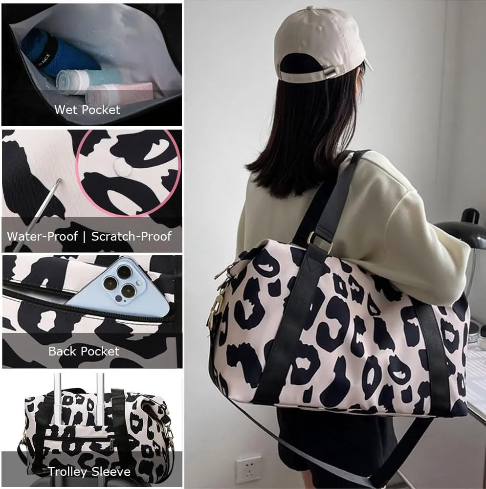 Large Leopard Print Tote Duffle Bag Traveling Gym Bags for Women with Wet Pocket, Carry on Overnight Workout Bag (ORIGINAL BLACK)