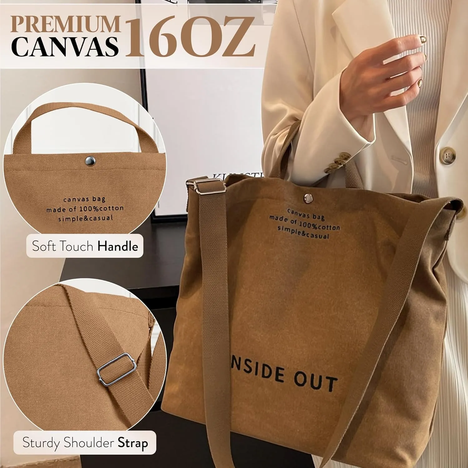 Large Tote Bag for Women, Canvas Bag Women Gift, Fashion Crossbody 16oz 100% Cotton Bag, Large Capacity Shoulder Bag