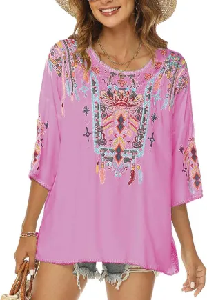 LauraKlein Women Mexican Embroidered Shirt for Women Bohemian Style Top Blouse 3/4 Sleeve Summer Casual Tunics