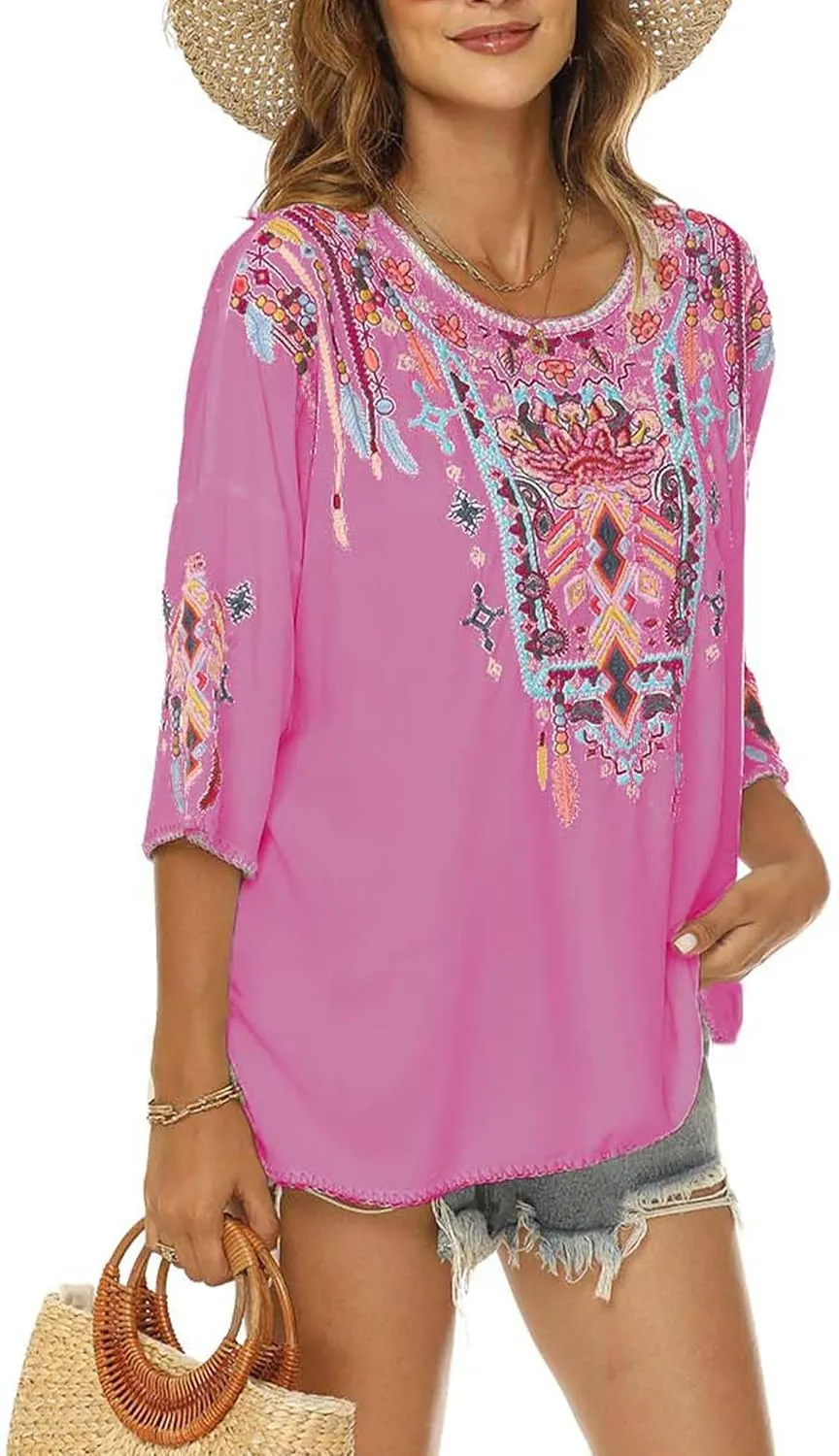 LauraKlein Women Mexican Embroidered Shirt for Women Bohemian Style Top Blouse 3/4 Sleeve Summer Casual Tunics
