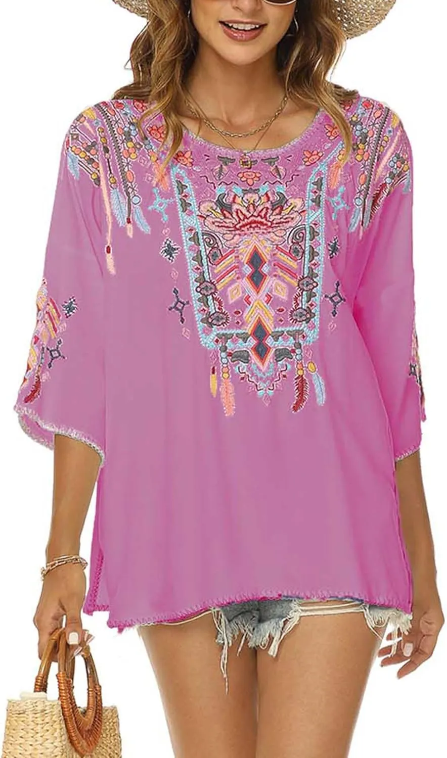 LauraKlein Women Mexican Embroidered Shirt for Women Bohemian Style Top Blouse 3/4 Sleeve Summer Casual Tunics