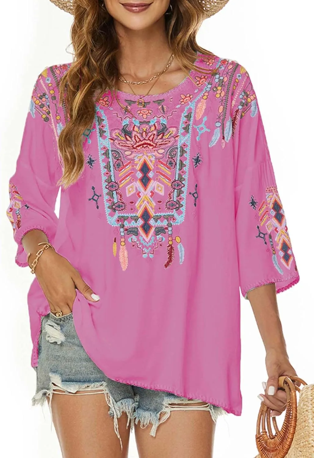 LauraKlein Women Mexican Embroidered Shirt for Women Bohemian Style Top Blouse 3/4 Sleeve Summer Casual Tunics