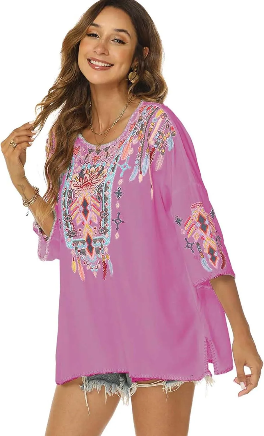 LauraKlein Women Mexican Embroidered Shirt for Women Bohemian Style Top Blouse 3/4 Sleeve Summer Casual Tunics