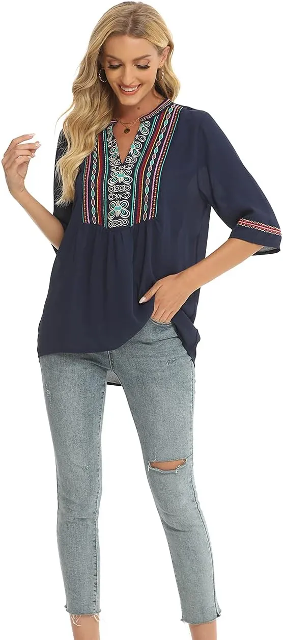 LauraKlein Women's Mexican Embroidered Tops Bohemian Clothes 3/4 Sleeve V Neck Boho Shirts Peasant Tunics Blouses