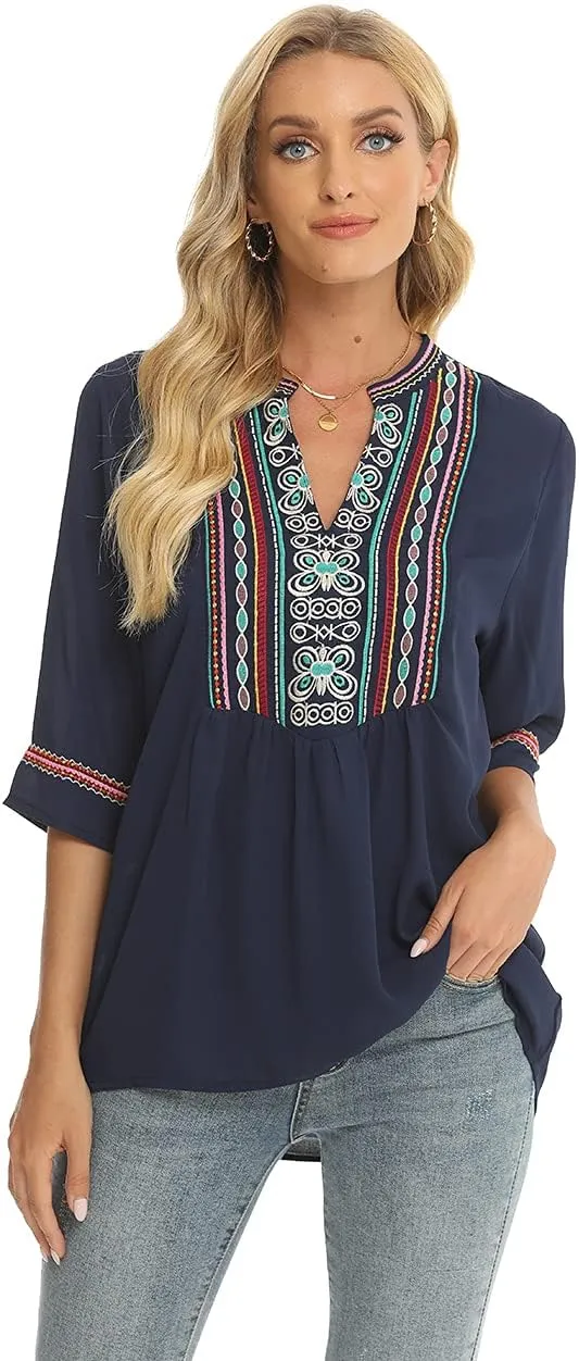 LauraKlein Women's Mexican Embroidered Tops Bohemian Clothes 3/4 Sleeve V Neck Boho Shirts Peasant Tunics Blouses