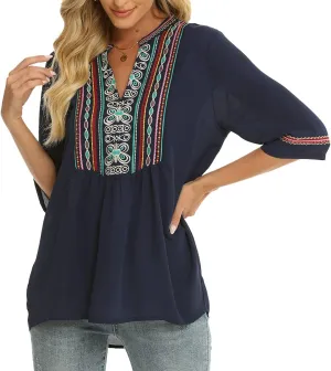 LauraKlein Women's Mexican Embroidered Tops Bohemian Clothes 3/4 Sleeve V Neck Boho Shirts Peasant Tunics Blouses