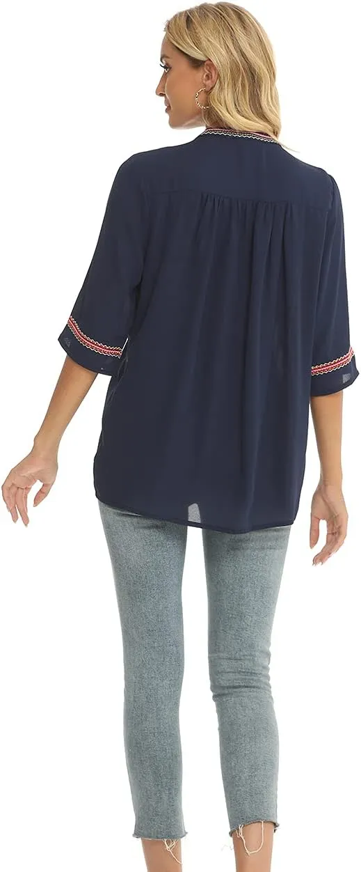 LauraKlein Women's Mexican Embroidered Tops Bohemian Clothes 3/4 Sleeve V Neck Boho Shirts Peasant Tunics Blouses