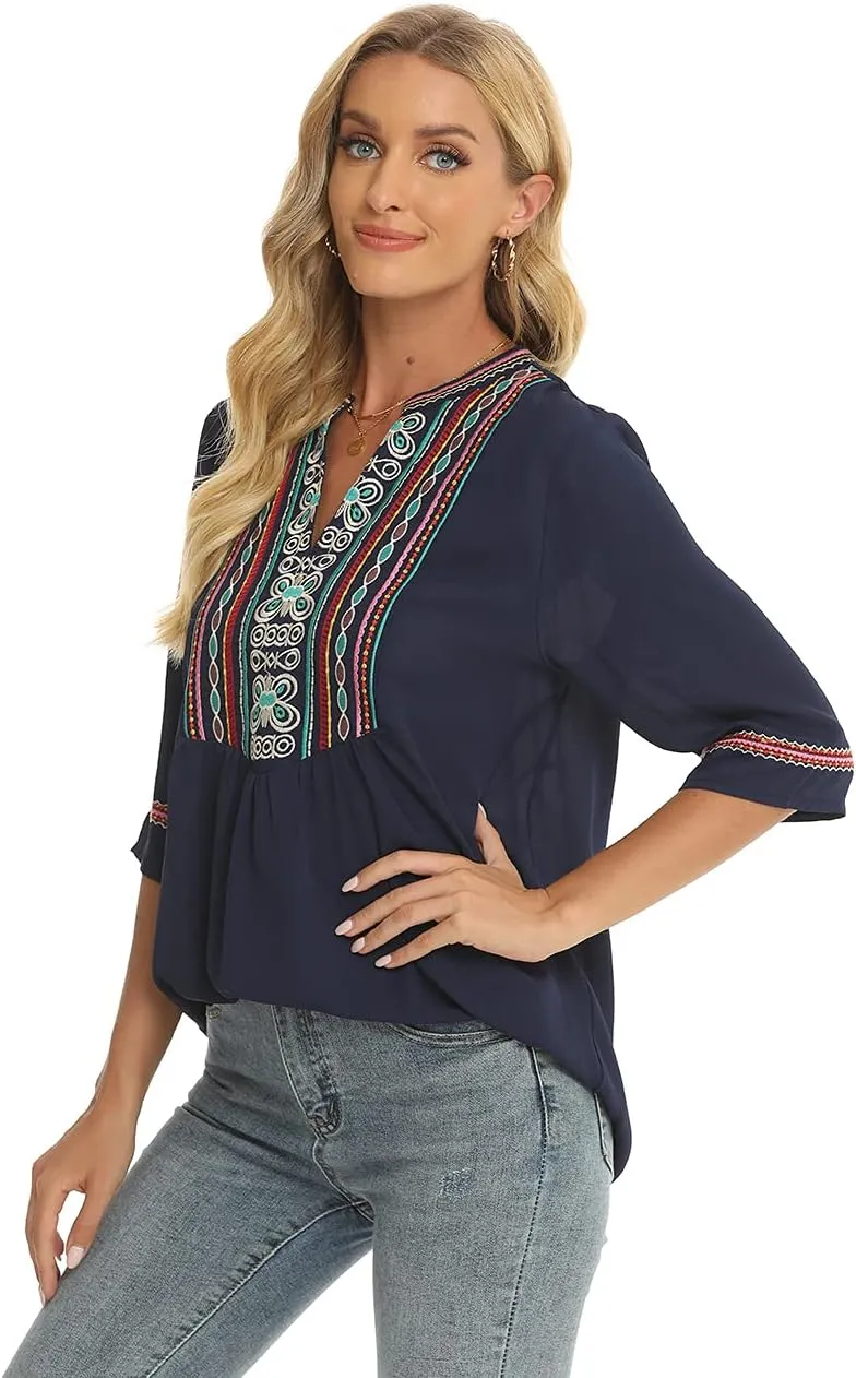 LauraKlein Women's Mexican Embroidered Tops Bohemian Clothes 3/4 Sleeve V Neck Boho Shirts Peasant Tunics Blouses