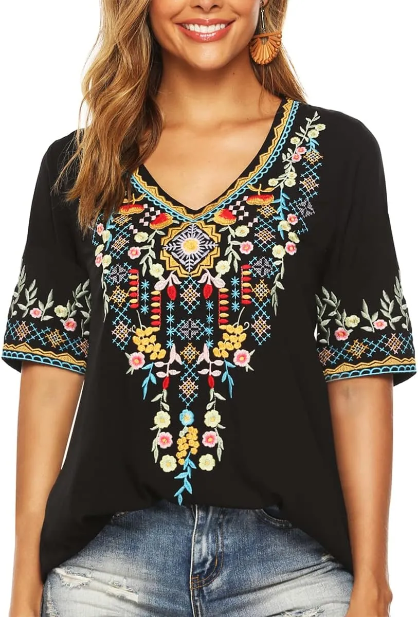 LauraKlein Women’s Mexican Embroidered Tops for Women Boho Blouse for Women Summer Short Sleeve Floral Hippie Shirts Tunics