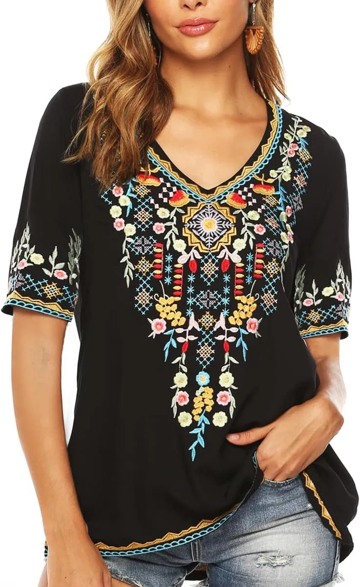 LauraKlein Women’s Mexican Embroidered Tops for Women Boho Blouse for Women Summer Short Sleeve Floral Hippie Shirts Tunics