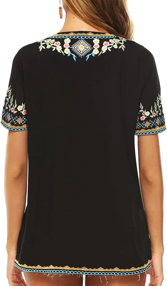 LauraKlein Women’s Mexican Embroidered Tops for Women Boho Blouse for Women Summer Short Sleeve Floral Hippie Shirts Tunics