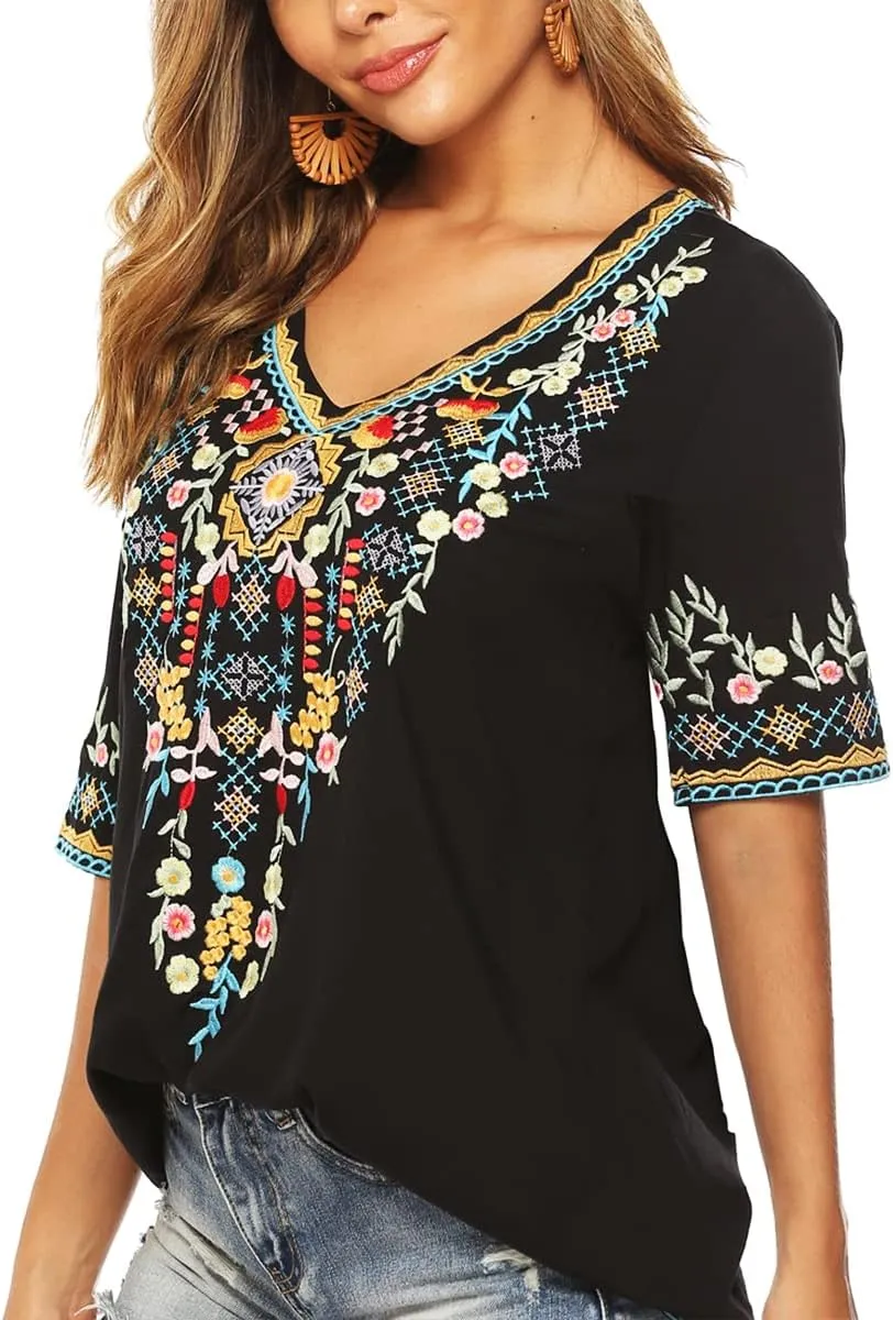 LauraKlein Women’s Mexican Embroidered Tops for Women Boho Blouse for Women Summer Short Sleeve Floral Hippie Shirts Tunics
