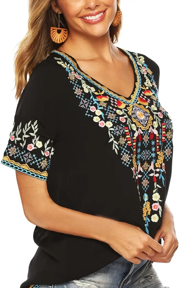 LauraKlein Women’s Mexican Embroidered Tops for Women Boho Blouse for Women Summer Short Sleeve Floral Hippie Shirts Tunics