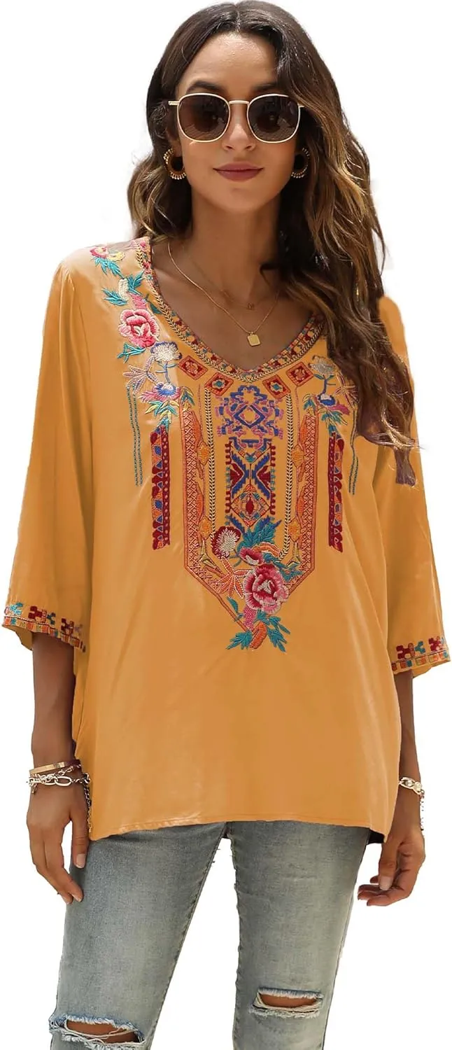 LauraKlein Women's Summer Boho Embroidery Mexican Bohemian Tops V Neck 3/4 Sleeve Causal Loose Shirt Blouse Tunic