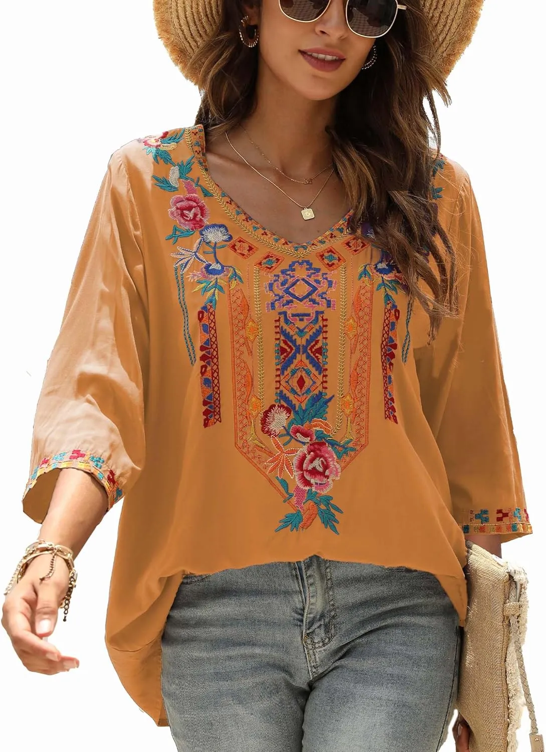 LauraKlein Women's Summer Boho Embroidery Mexican Bohemian Tops V Neck 3/4 Sleeve Causal Loose Shirt Blouse Tunic