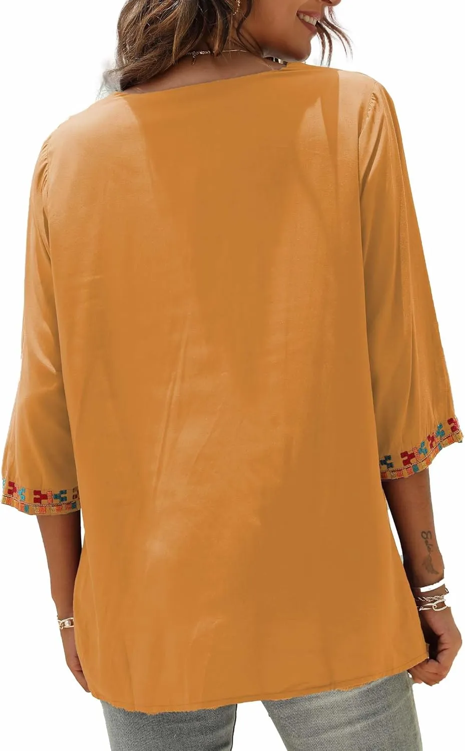 LauraKlein Women's Summer Boho Embroidery Mexican Bohemian Tops V Neck 3/4 Sleeve Causal Loose Shirt Blouse Tunic