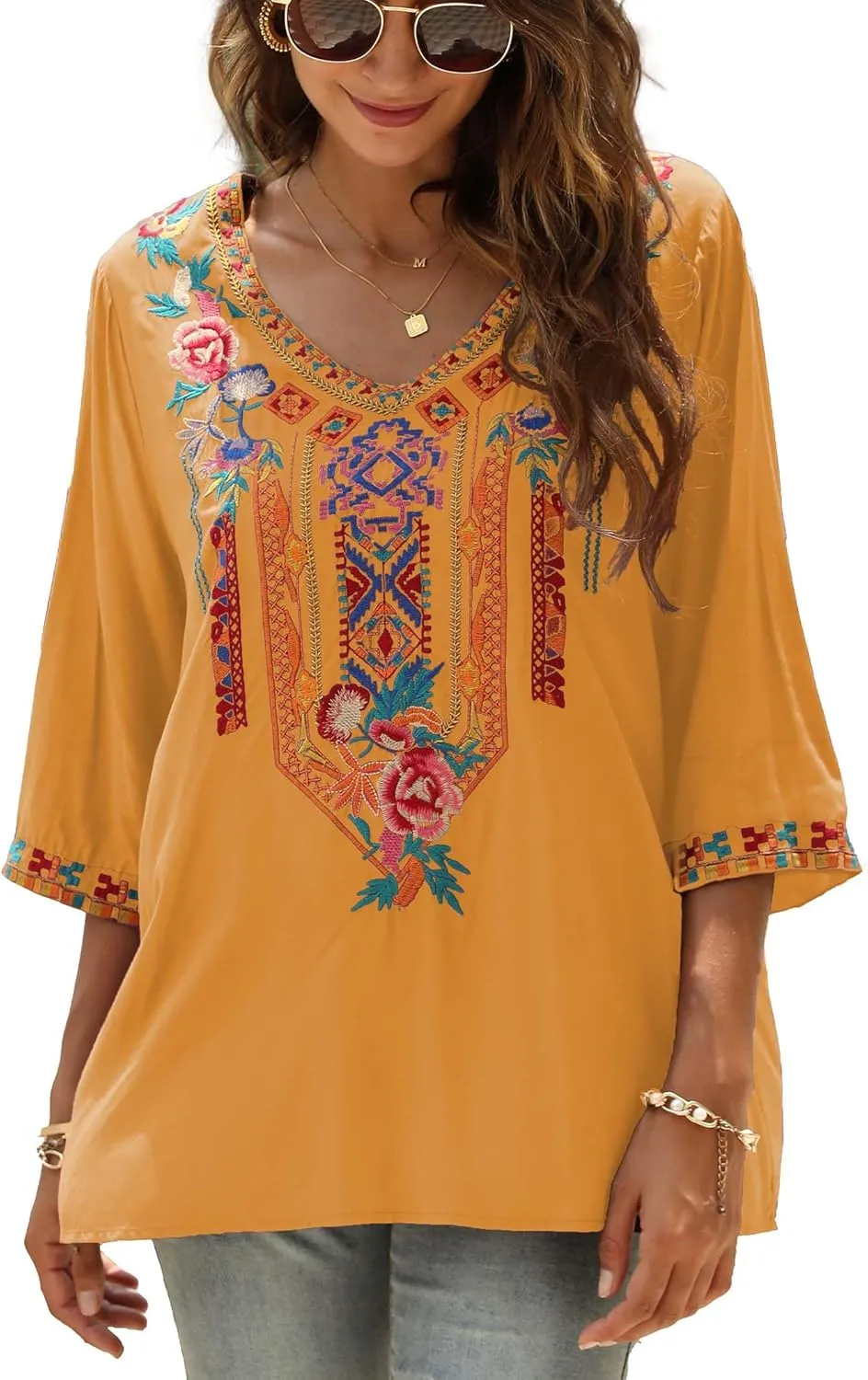LauraKlein Women's Summer Boho Embroidery Mexican Bohemian Tops V Neck 3/4 Sleeve Causal Loose Shirt Blouse Tunic