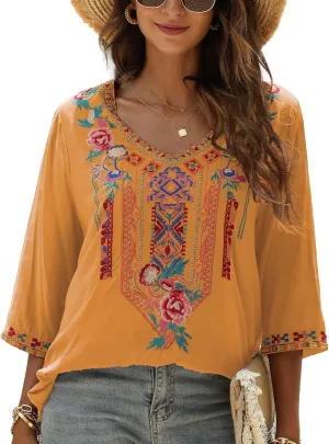 LauraKlein Women's Summer Boho Embroidery Mexican Bohemian Tops V Neck 3/4 Sleeve Causal Loose Shirt Blouse Tunic