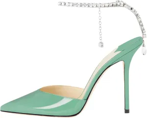 LauraVicci Women's Heeled Sandals Crystal Chain Ankle Straps Rhinestones Embellished Liquid-Metal Leather Stiletto High Heels Slip On Wedding Party Dress Shoes