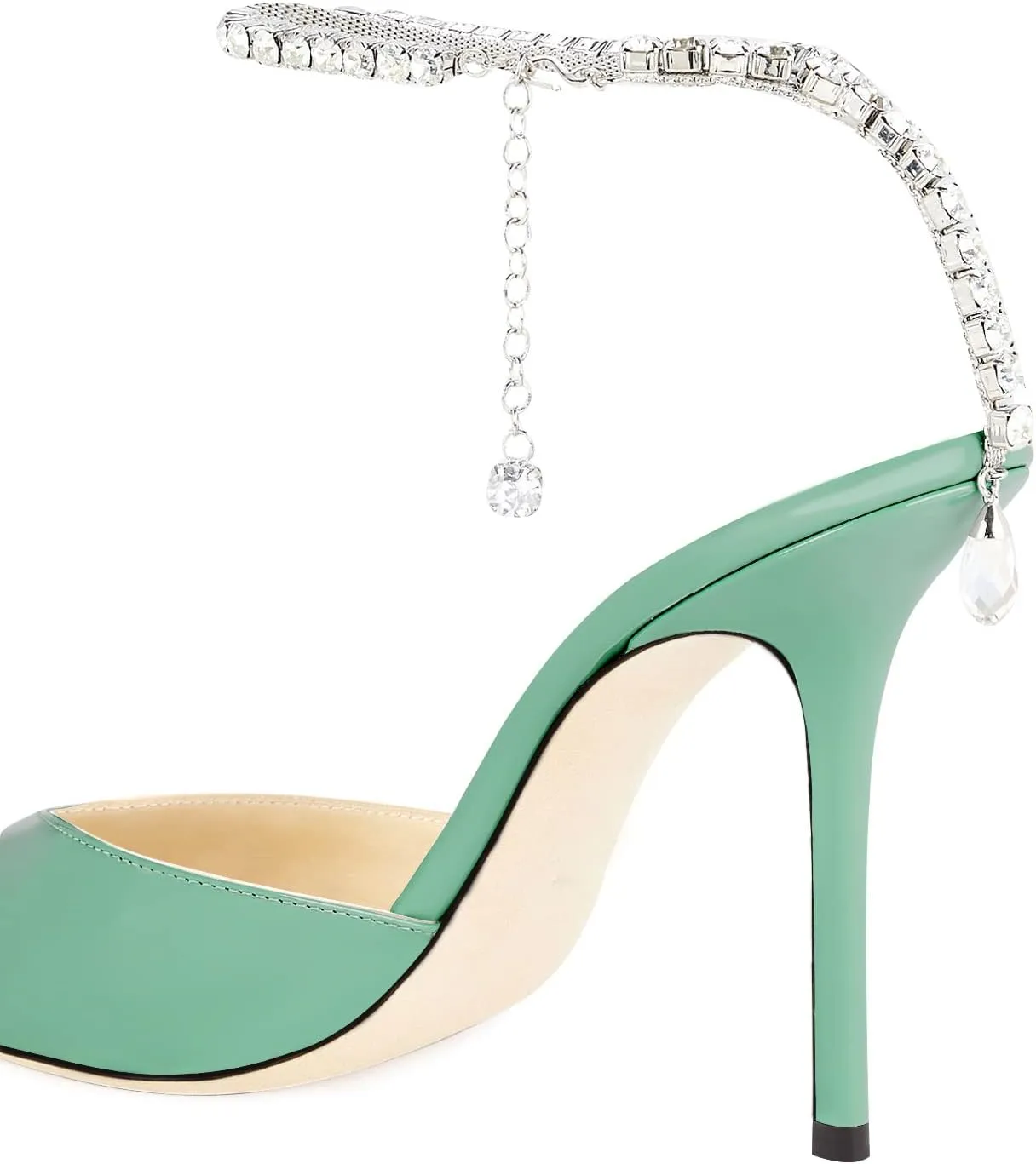 LauraVicci Women's Heeled Sandals Crystal Chain Ankle Straps Rhinestones Embellished Liquid-Metal Leather Stiletto High Heels Slip On Wedding Party Dress Shoes