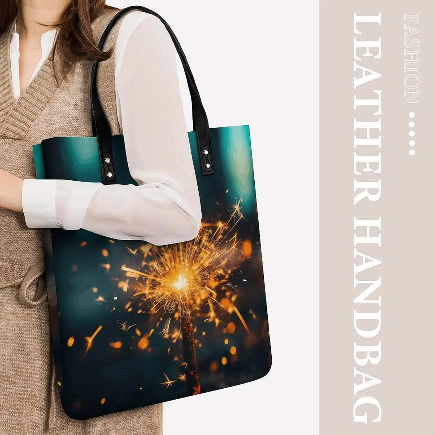 Leather Tote Bags for Women Lake And TreesHandbag Makeup Bag Casual Bag with Magnetic Buckle