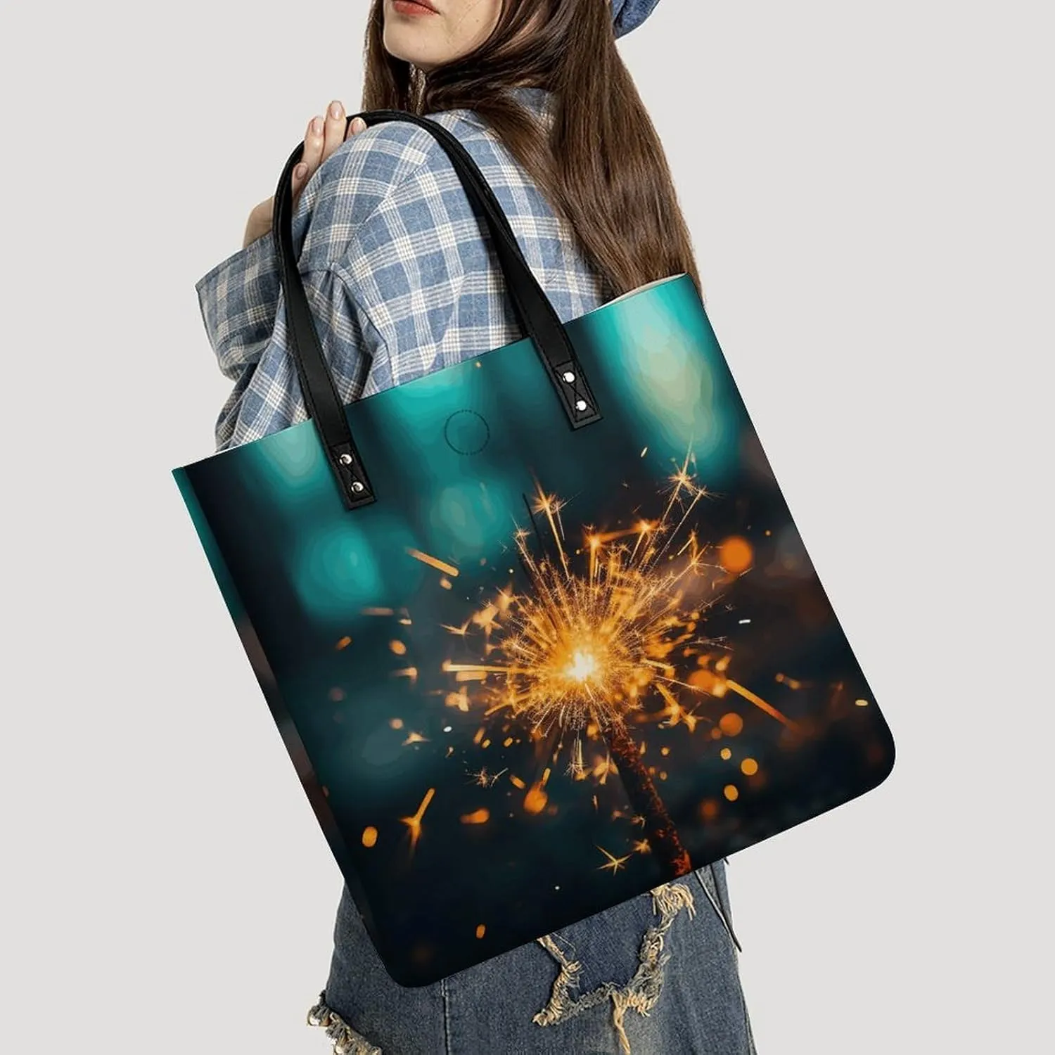 Leather Tote Bags for Women Lake And TreesHandbag Makeup Bag Casual Bag with Magnetic Buckle