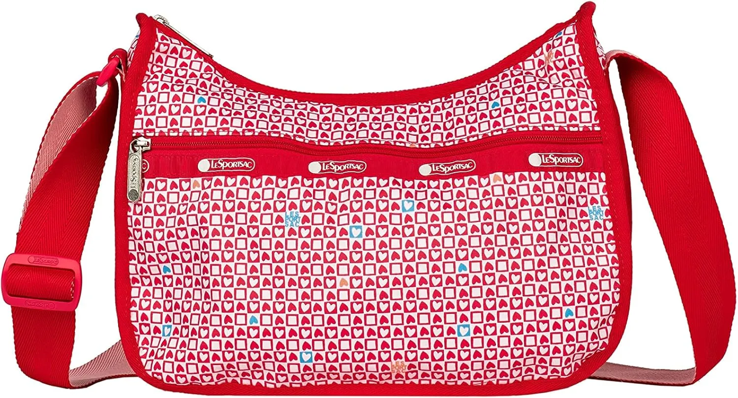 LeSportsac Stamped With Love Classic Hobo Crossbody Bag   Cosmetic Bag, Style 7520/Color F894, Petite Multicolor Red, White, Pink & Blue Hearts, 2 Tone Pink/Red Strap