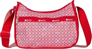 LeSportsac Stamped With Love Classic Hobo Crossbody Bag   Cosmetic Bag, Style 7520/Color F894, Petite Multicolor Red, White, Pink & Blue Hearts, 2 Tone Pink/Red Strap