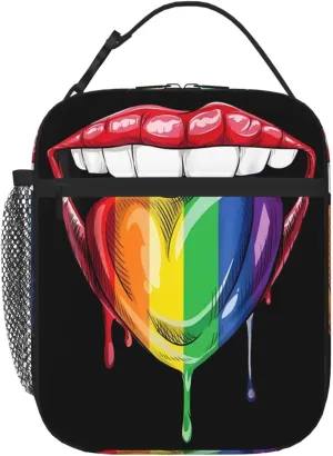 LGBT Gay Pride Rainbow Heart Tongue Lip Insulated Lunch Bag Reusable Lunch Box Picnic Organizer Portable Tote Bags Thermal Container Ice Pack Food Handbag for Work Travel Gym