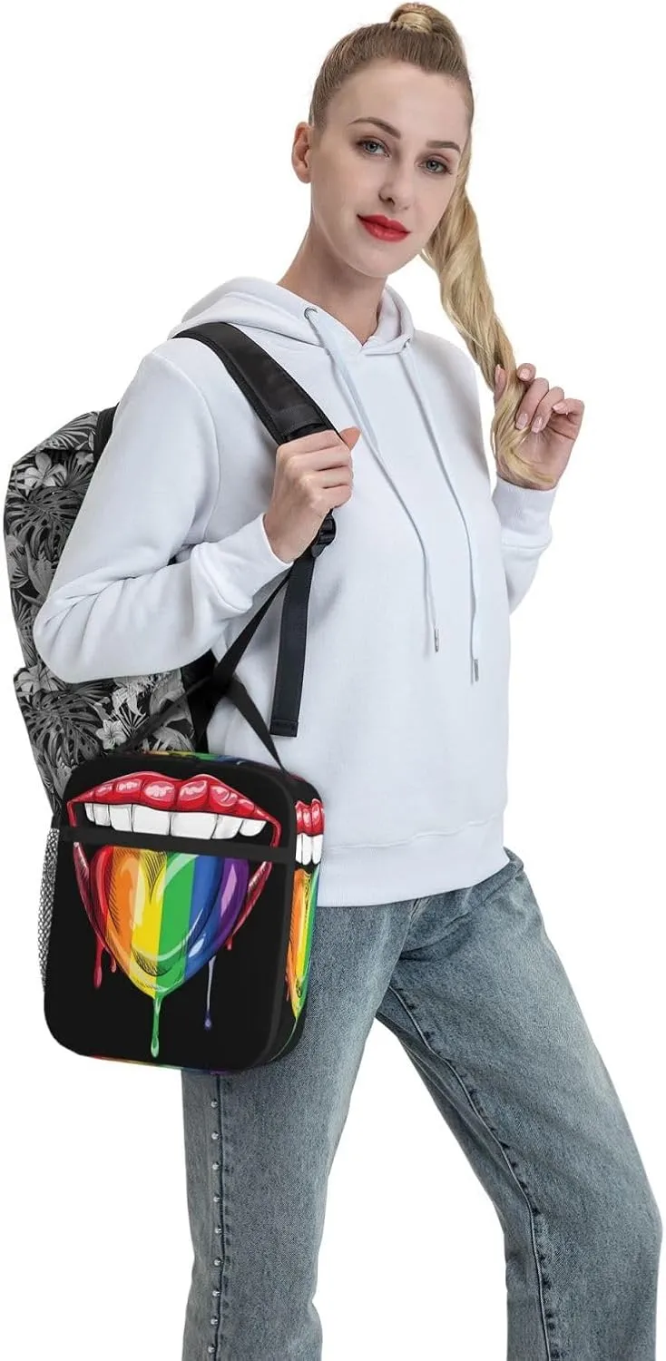 LGBT Gay Pride Rainbow Heart Tongue Lip Insulated Lunch Bag Reusable Lunch Box Picnic Organizer Portable Tote Bags Thermal Container Ice Pack Food Handbag for Work Travel Gym