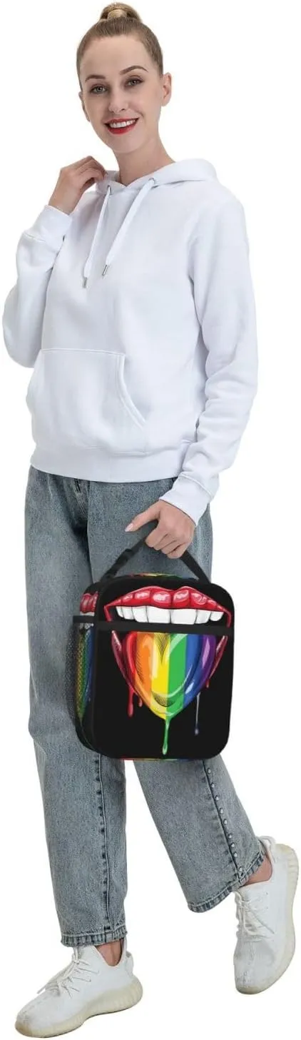LGBT Gay Pride Rainbow Heart Tongue Lip Insulated Lunch Bag Reusable Lunch Box Picnic Organizer Portable Tote Bags Thermal Container Ice Pack Food Handbag for Work Travel Gym