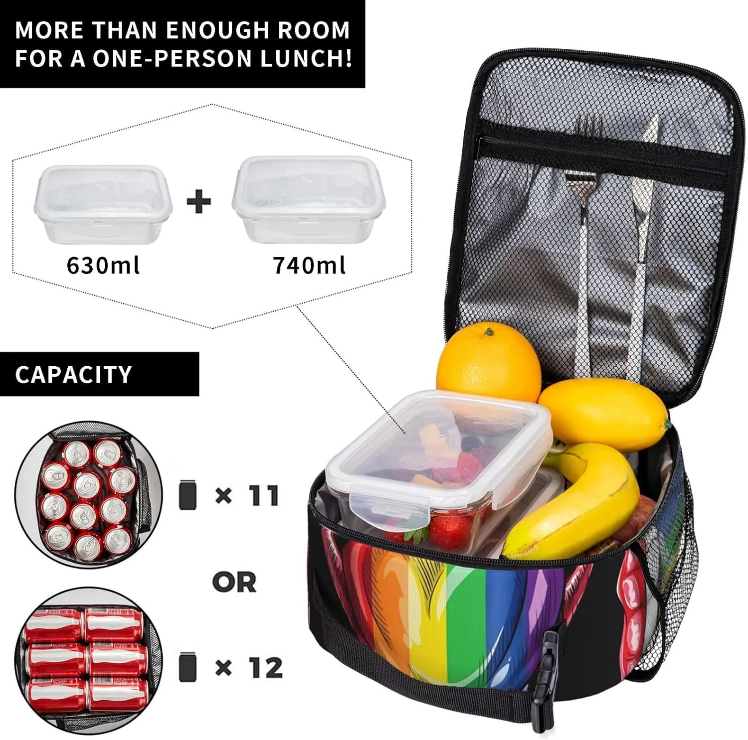 LGBT Gay Pride Rainbow Heart Tongue Lip Insulated Lunch Bag Reusable Lunch Box Picnic Organizer Portable Tote Bags Thermal Container Ice Pack Food Handbag for Work Travel Gym