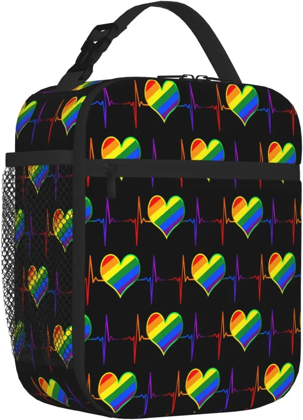 LGBT Rainbow Gay Pride Heart Beat Pulse Insulated Lunch Bag Reusable Lunch Box Picnic Organizer Portable Tote Bags Thermal Container Ice Pack Food Handbag for Work Travel Gym