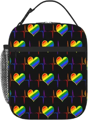LGBT Rainbow Gay Pride Heart Beat Pulse Insulated Lunch Bag Reusable Lunch Box Picnic Organizer Portable Tote Bags Thermal Container Ice Pack Food Handbag for Work Travel Gym