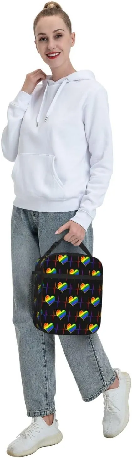LGBT Rainbow Gay Pride Heart Beat Pulse Insulated Lunch Bag Reusable Lunch Box Picnic Organizer Portable Tote Bags Thermal Container Ice Pack Food Handbag for Work Travel Gym