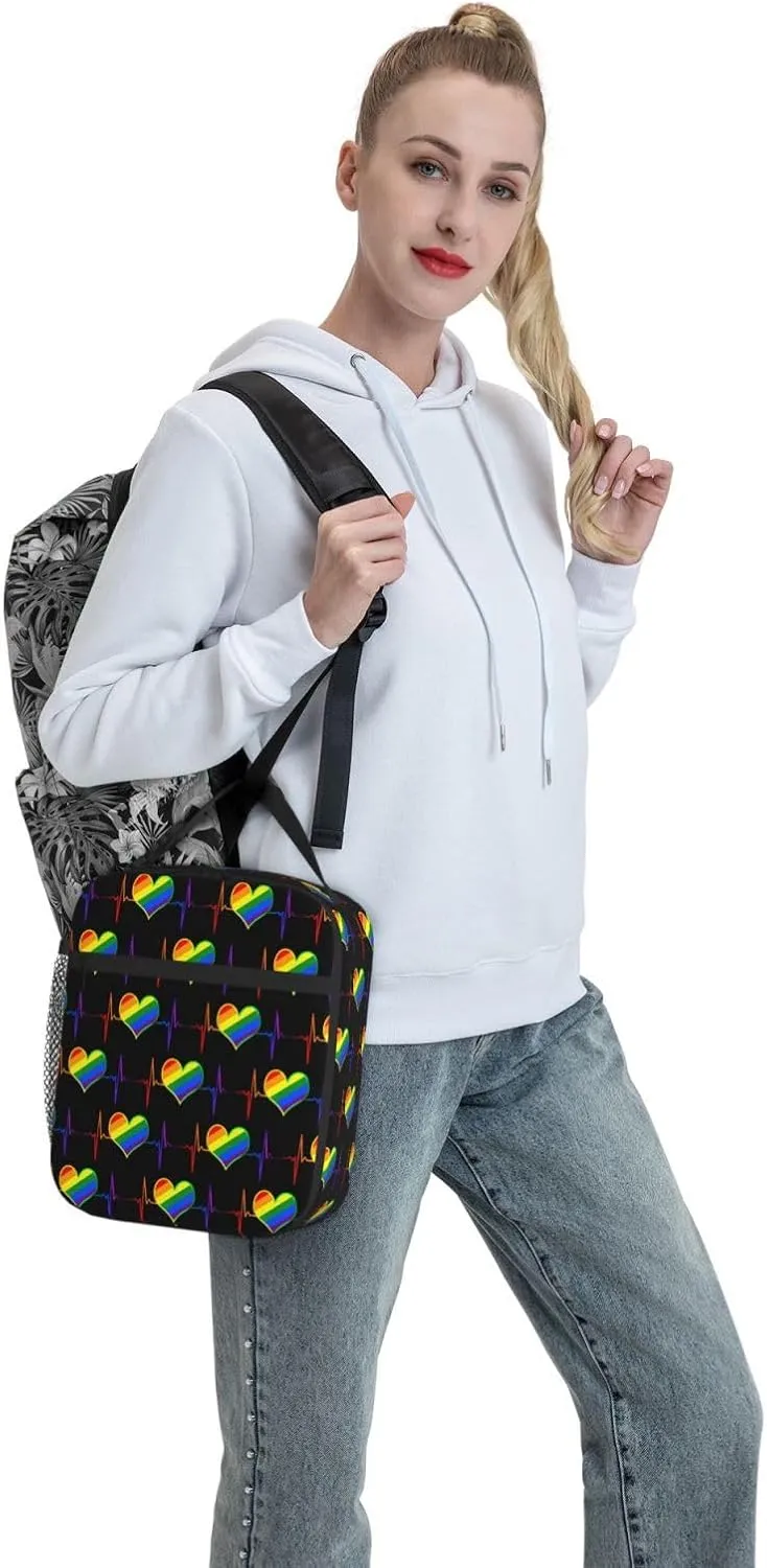 LGBT Rainbow Gay Pride Heart Beat Pulse Insulated Lunch Bag Reusable Lunch Box Picnic Organizer Portable Tote Bags Thermal Container Ice Pack Food Handbag for Work Travel Gym