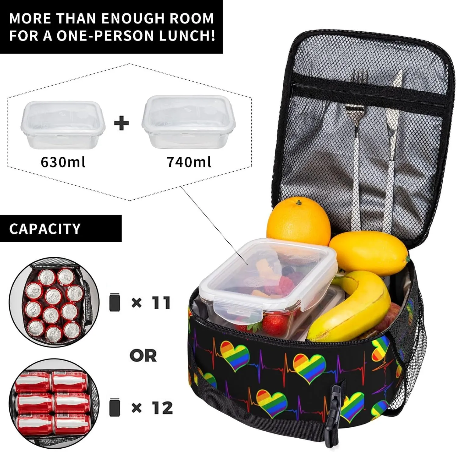 LGBT Rainbow Gay Pride Heart Beat Pulse Insulated Lunch Bag Reusable Lunch Box Picnic Organizer Portable Tote Bags Thermal Container Ice Pack Food Handbag for Work Travel Gym