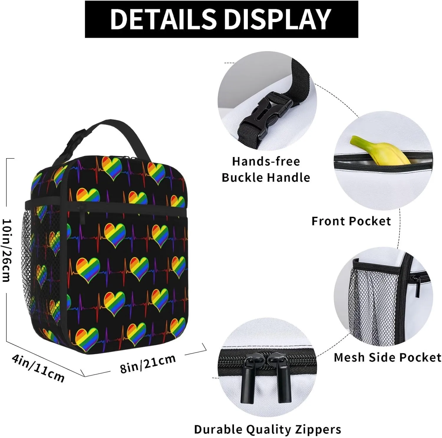 LGBT Rainbow Gay Pride Heart Beat Pulse Insulated Lunch Bag Reusable Lunch Box Picnic Organizer Portable Tote Bags Thermal Container Ice Pack Food Handbag for Work Travel Gym