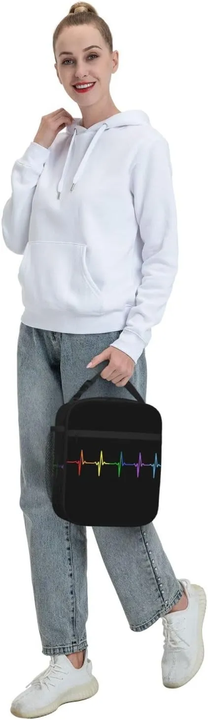 LGBT Rainbow Gay Pride Pulse Heartbeat Line Electrocardiogram Insulated Lunch Bag Reusable Lunch Box Picnic Organizer Portable Tote Bags Thermal Container Ice Pack Food Handbag for Work