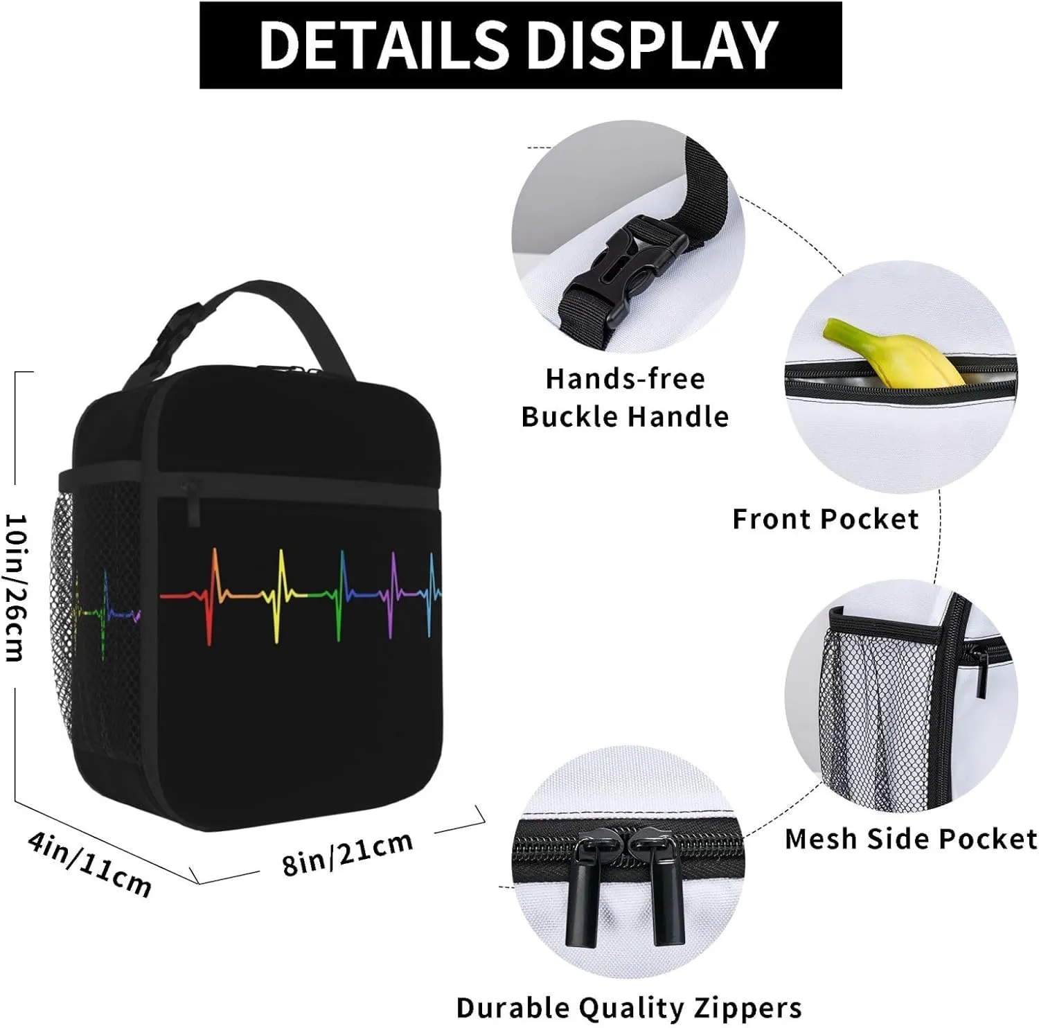 LGBT Rainbow Gay Pride Pulse Heartbeat Line Electrocardiogram Insulated Lunch Bag Reusable Lunch Box Picnic Organizer Portable Tote Bags Thermal Container Ice Pack Food Handbag for Work