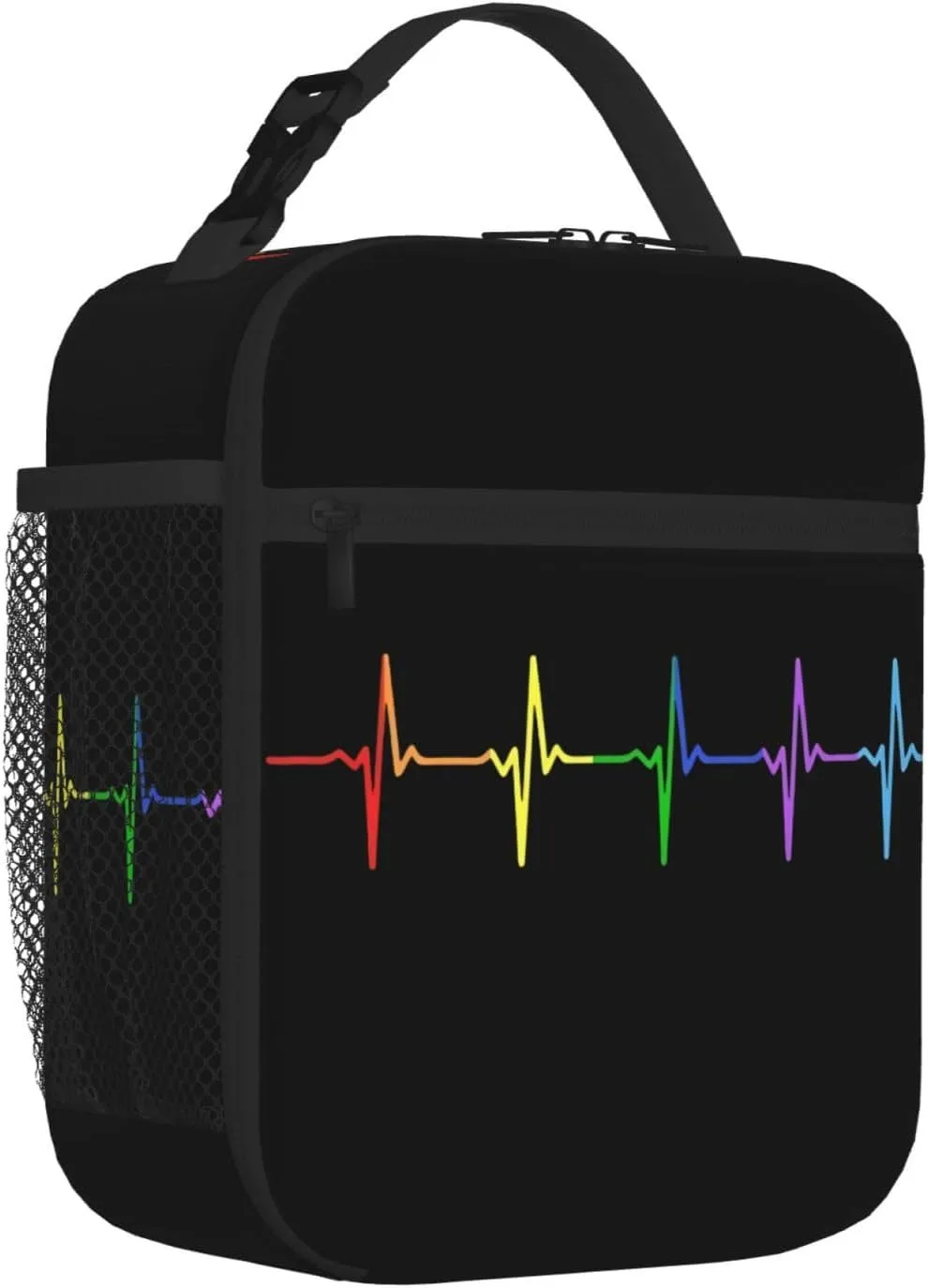 LGBT Rainbow Gay Pride Pulse Heartbeat Line Electrocardiogram Insulated Lunch Bag Reusable Lunch Box Picnic Organizer Portable Tote Bags Thermal Container Ice Pack Food Handbag for Work