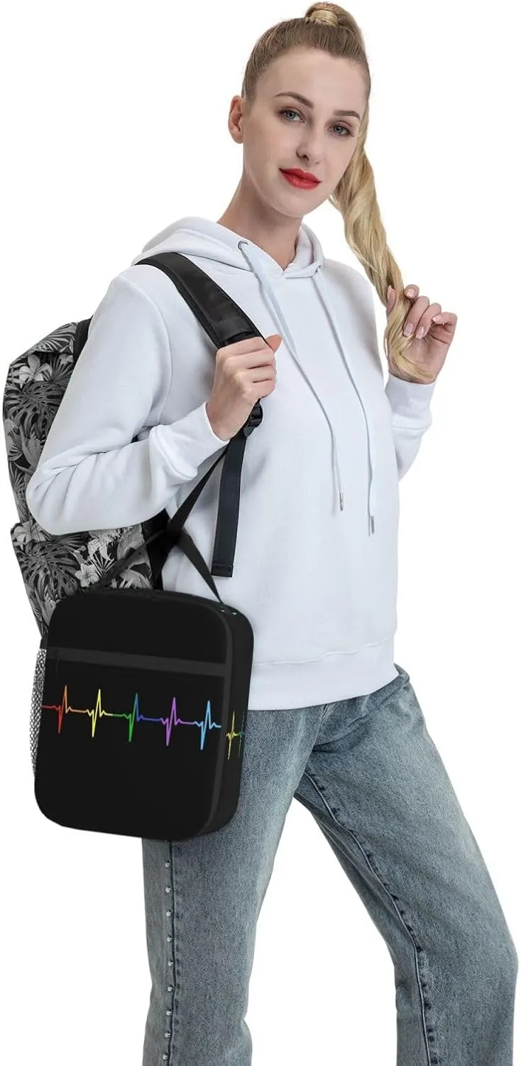 LGBT Rainbow Gay Pride Pulse Heartbeat Line Electrocardiogram Insulated Lunch Bag Reusable Lunch Box Picnic Organizer Portable Tote Bags Thermal Container Ice Pack Food Handbag for Work