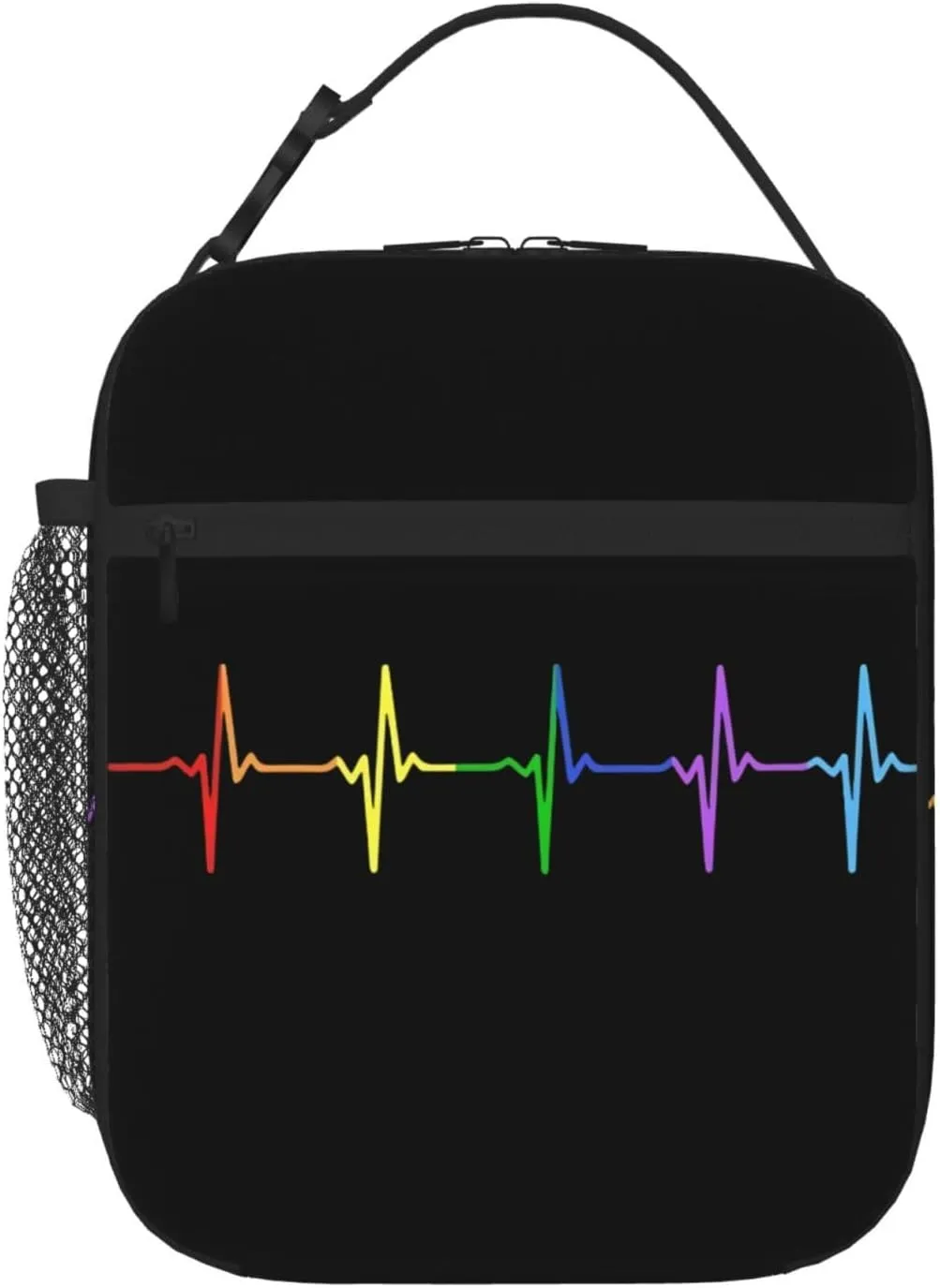 LGBT Rainbow Gay Pride Pulse Heartbeat Line Electrocardiogram Insulated Lunch Bag Reusable Lunch Box Picnic Organizer Portable Tote Bags Thermal Container Ice Pack Food Handbag for Work