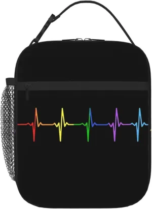 LGBT Rainbow Gay Pride Pulse Heartbeat Line Electrocardiogram Insulated Lunch Bag Reusable Lunch Box Picnic Organizer Portable Tote Bags Thermal Container Ice Pack Food Handbag for Work