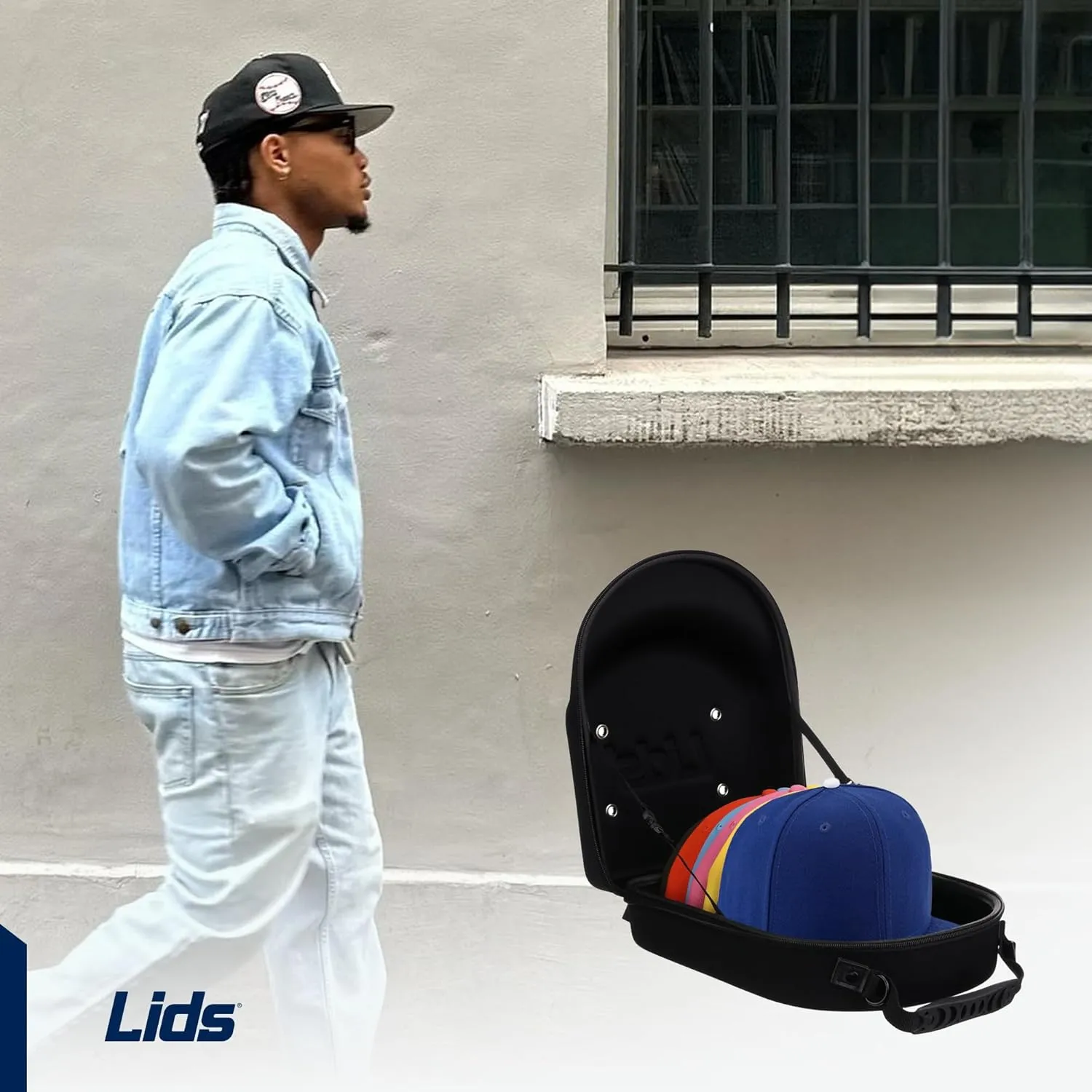 Lids Hat Travel Case – Baseball Cap Carrier for 6 Hats, Durable Black Exterior with Pink Interior, Storage with Handle & Adjustable Shoulder Strap, Hard Hat Organizer for Travel & Closet