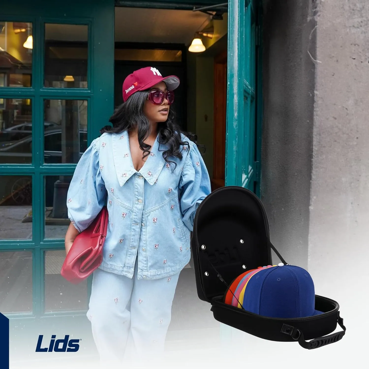 Lids Hat Travel Case – Baseball Cap Carrier for 6 Hats, Durable Black Exterior with Pink Interior, Storage with Handle & Adjustable Shoulder Strap, Hard Hat Organizer for Travel & Closet