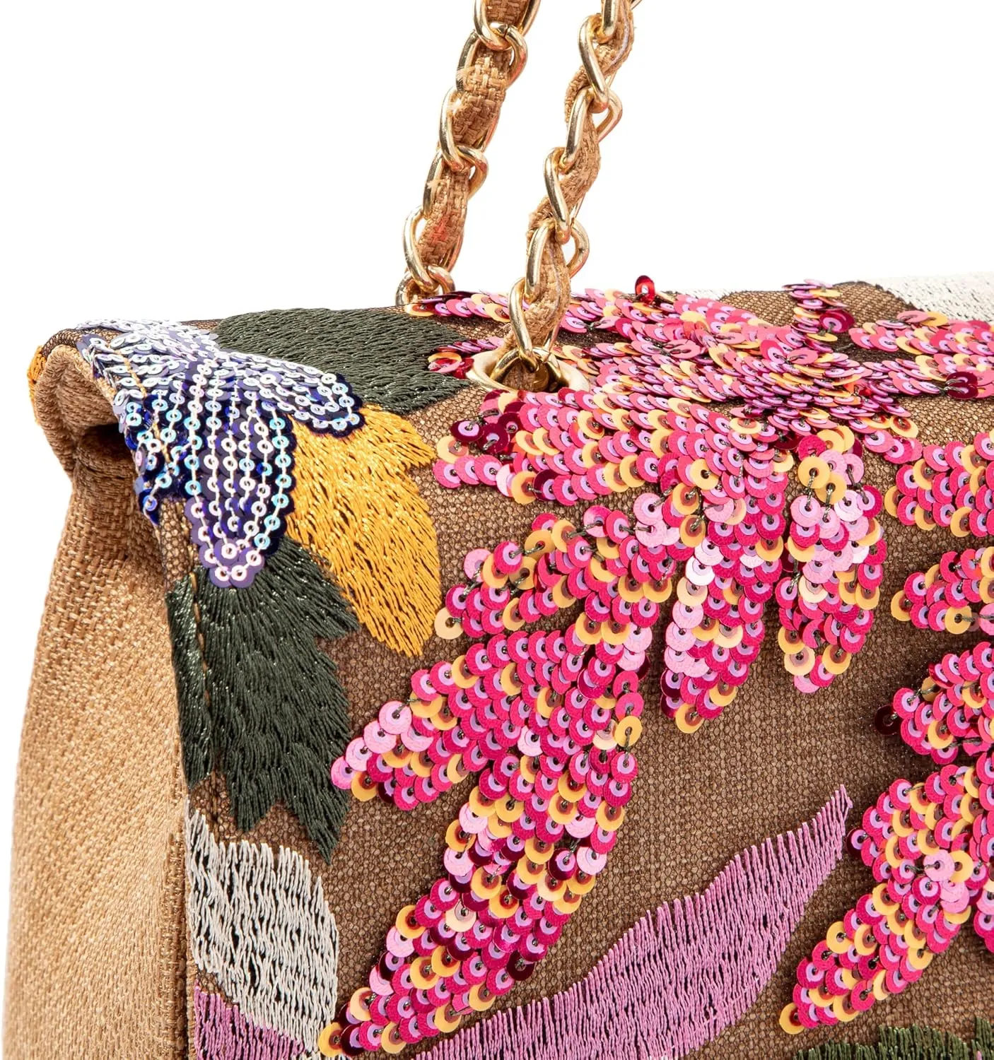 Linen Sequin Embroidered Floral Shoulder Bag with Turn-Lock Flap for Wedding Party