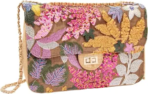Linen Sequin Embroidered Floral Shoulder Bag with Turn-Lock Flap for Wedding Party