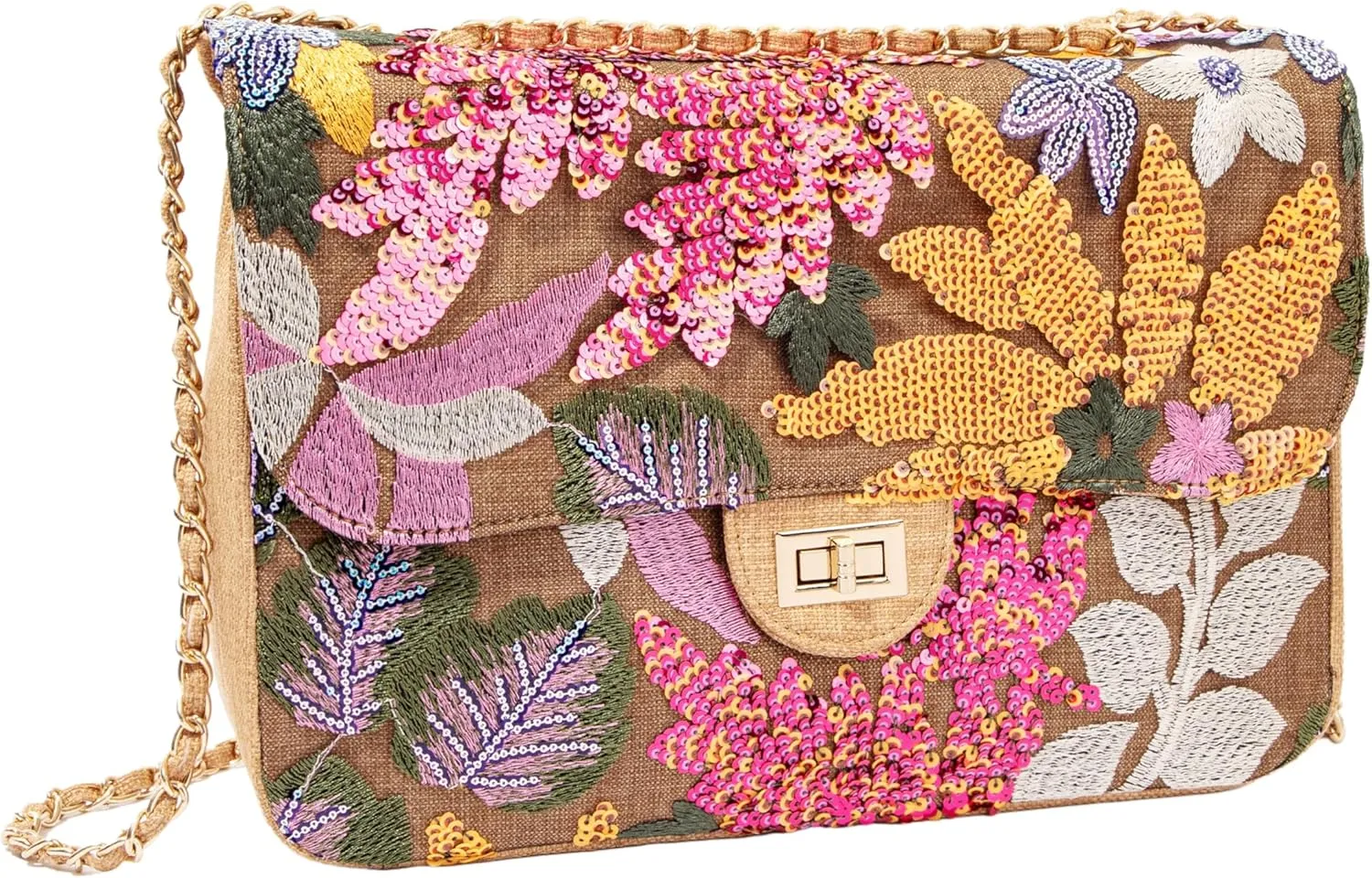 Linen Sequin Embroidered Floral Shoulder Bag with Turn-Lock Flap for Wedding Party
